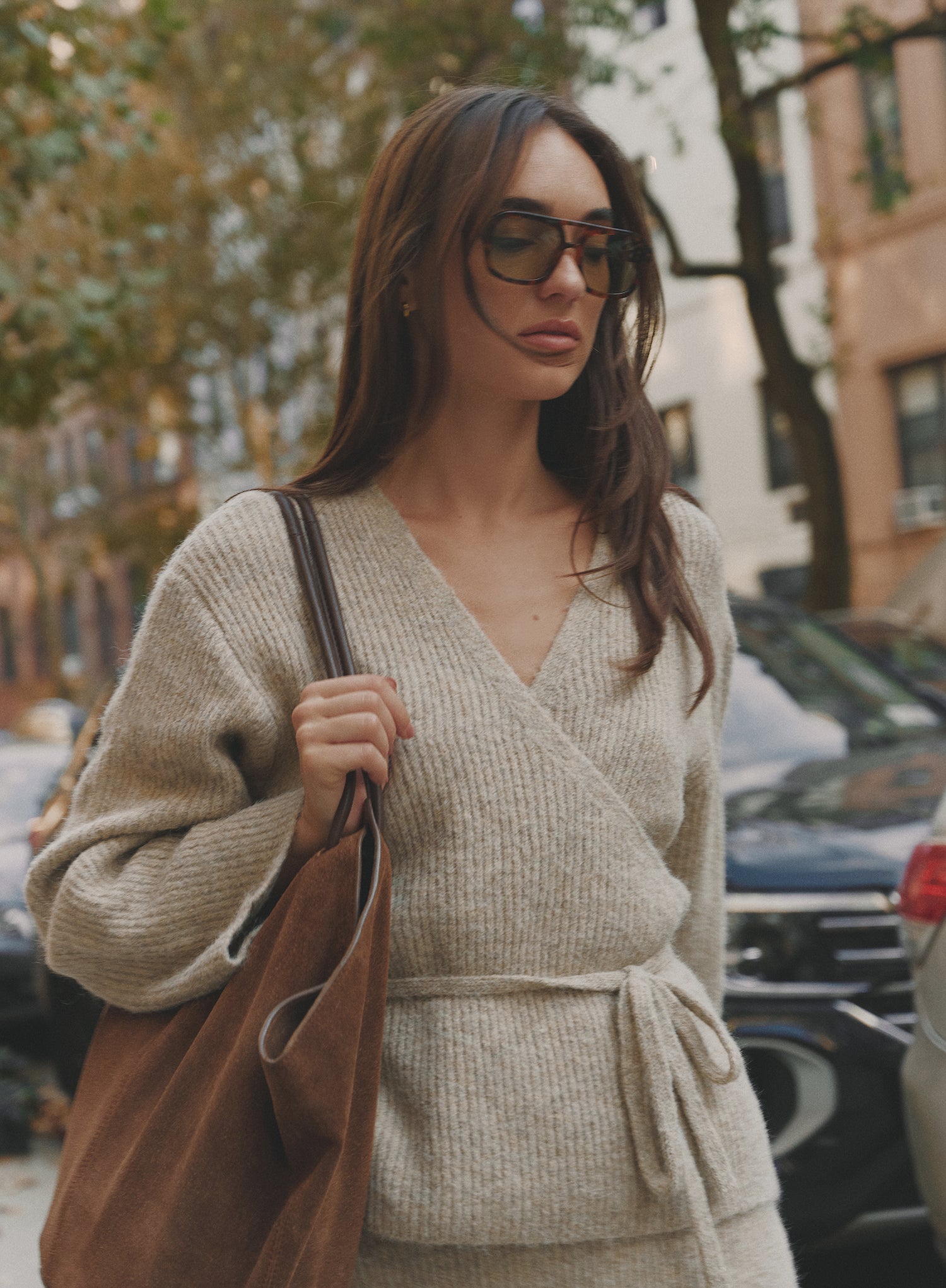 Oatmeal Knitted Tie Front Wrap Top